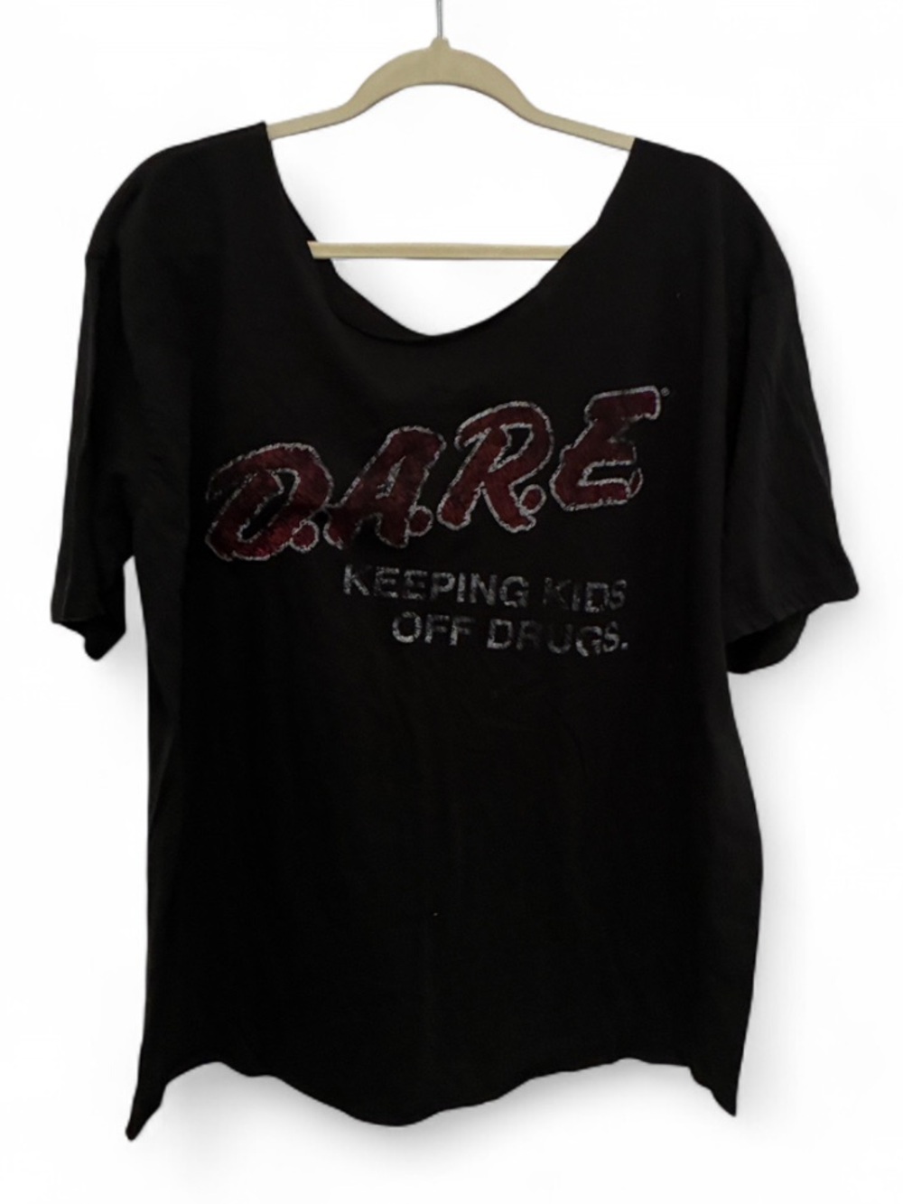 Vintage Style DARE Graphic Scoop Cut Off Neckline Short Sleeve Tee Shirt - Black